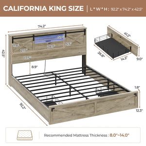 Farmhouse Bed Frame with Storage Headboard, LED Lights & Charging Station