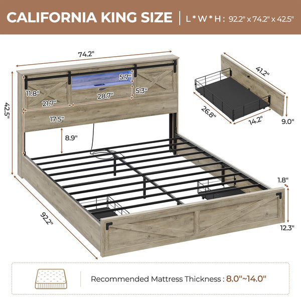 Farmhouse Bed Frame with Storage Headboard, LED Lights & Charging Station
