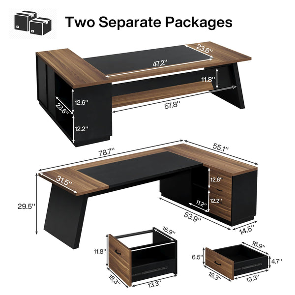 L-Shaped Executive Desk with Drawers and File Cabinet