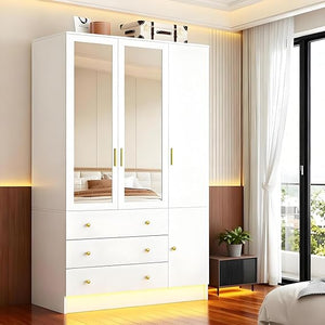 3-Door Wardrobe Closet with Mirror & LED Lights