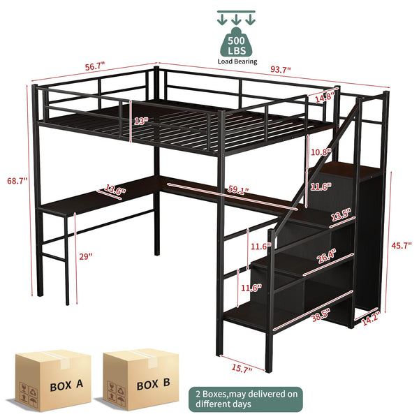 Full Size Metal Loft Bed with Desk, Storage & LED Light