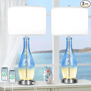26in Tall Glass Table Lamps Set of 2 with USB Ports & LED Nightlight