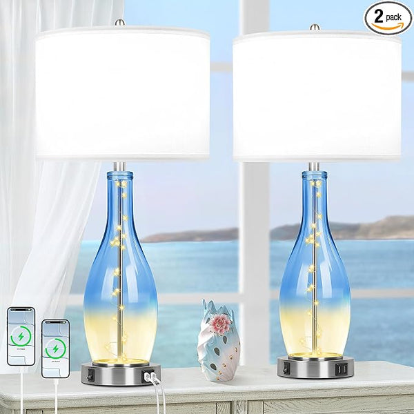 26in Tall Glass Table Lamps Set of 2 with USB Ports & LED Nightlight