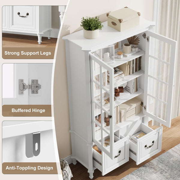 63" Tall Bookshelf with Glass Doors & Drawers
