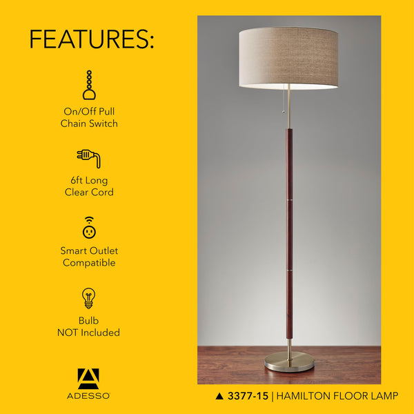 Walnut & Brass Floor Lamp with Linen Drum Shade