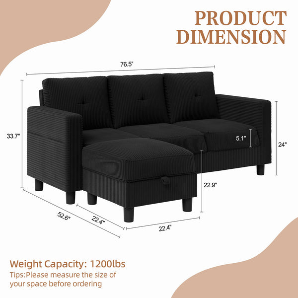3-Seat L-Shaped Sectional Sofa with Storage Ottoman & Reversible Chaise