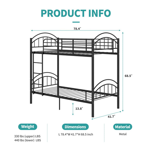 Twin Over Twin Metal Bunk Bed – 2-in-1 Convertible with Guardrails