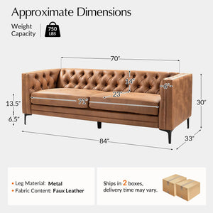 84" Faux Leather Button-Tufted 3-Seater Sofa with Metal Legs