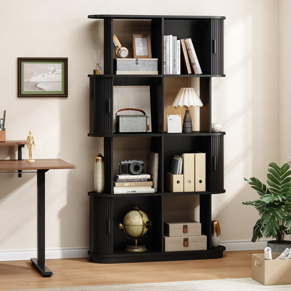 4-Tier Bookshelf with Sliding Door – Mid-Century Modern Freestanding Bookcase