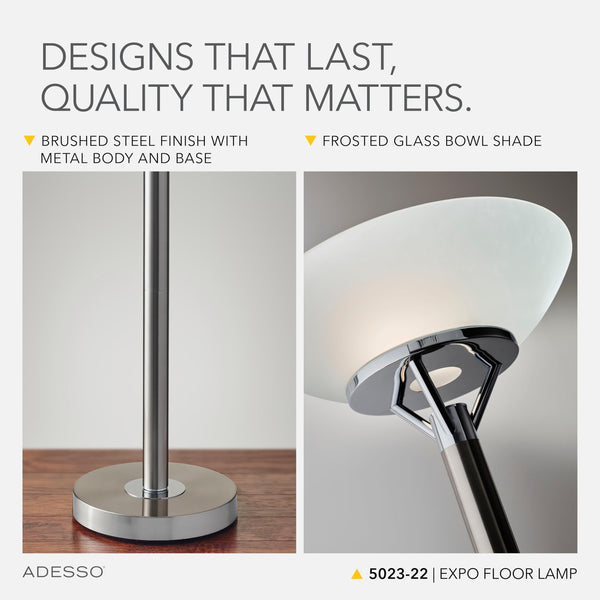 Industrial Floor Lamp – Brushed Steel & Fabric Shade