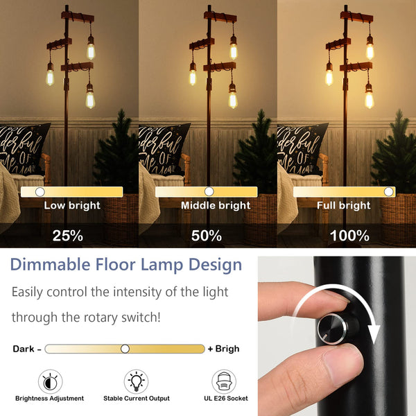 Wood Floor Lamp with Dimmable 3-Head Design