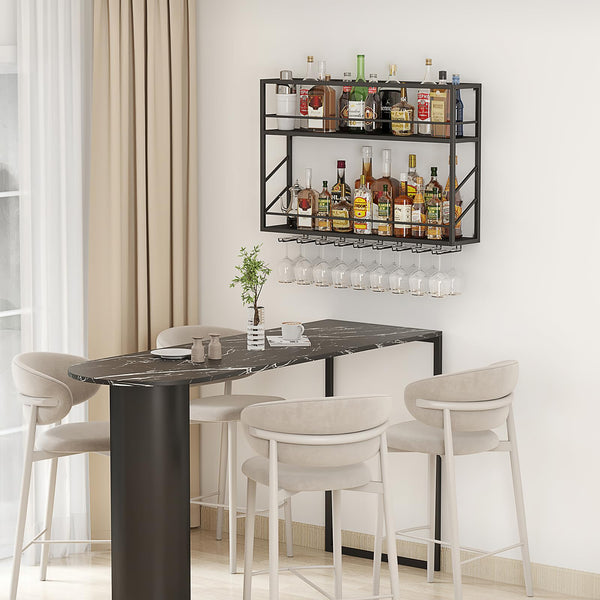 Wall Mounted 2-Tier Metal Wine Rack with Glass Holder