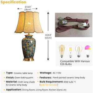 Blue Hand-Painted Ceramic Table Lamp with Fabric Shade