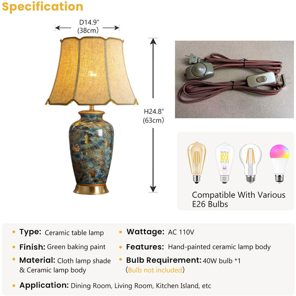 Blue Hand-Painted Ceramic Table Lamp with Fabric Shade