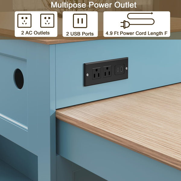 Extendable Kitchen Island with Charging Station & Storage