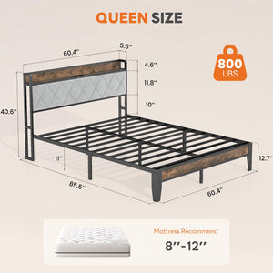 Queen Bed Frame with Storage Headboard & USB Charging