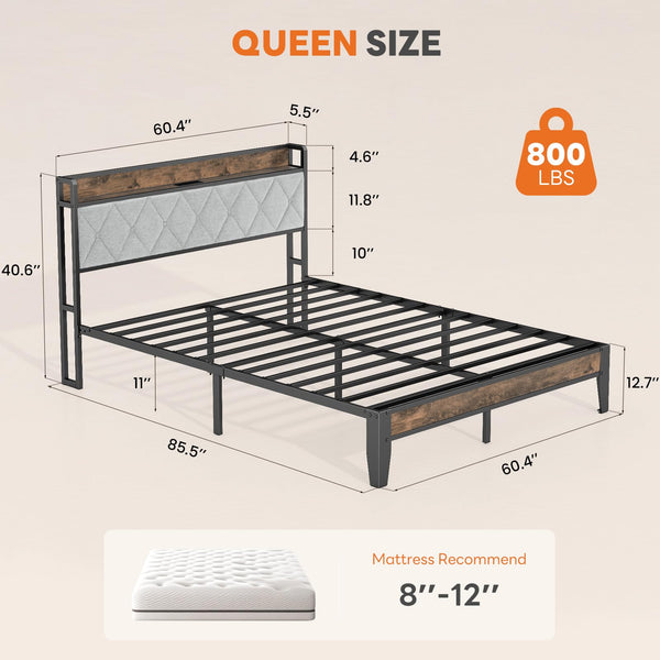 Queen Bed Frame with Storage Headboard & USB Charging
