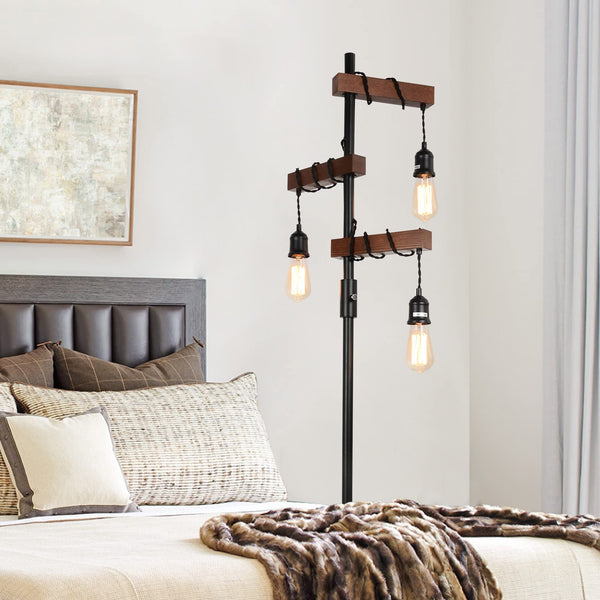 Wood Floor Lamp with Dimmable 3-Head Design