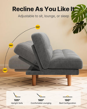 65" Convertible Futon Sofa Bed – Corduroy Fabric, Grey