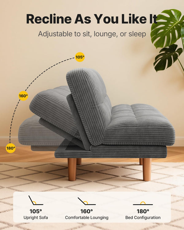 65" Convertible Futon Sofa Bed – Corduroy Fabric, Grey