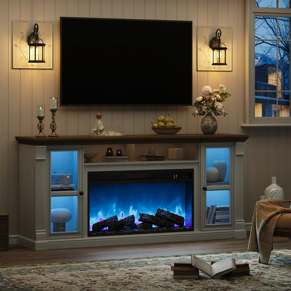 70" Farmhouse TV Stand with 36" Electric Fireplace & LED Lights