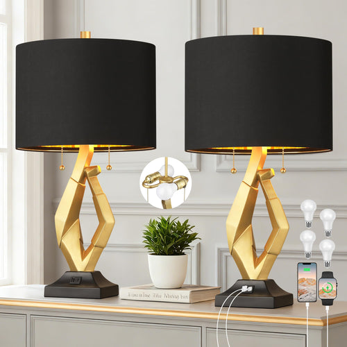Gold & Black Sculptural Table Lamps Set of 2 with USB Ports