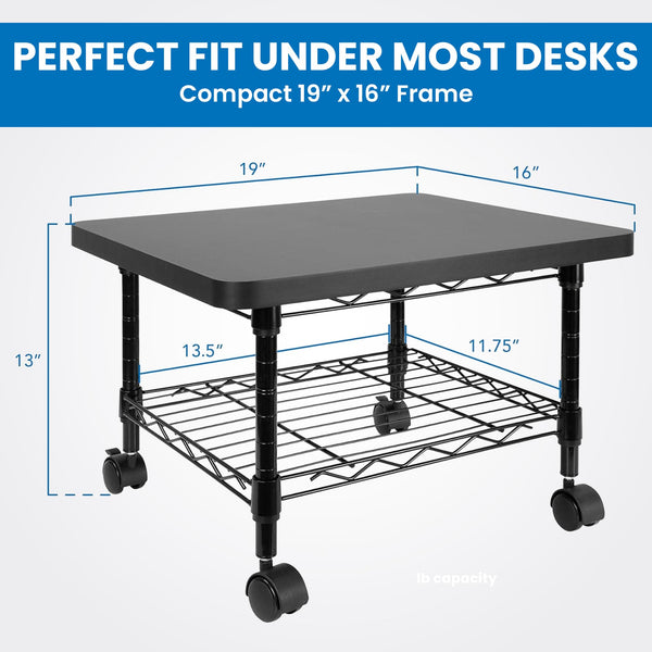 Rolling Under Desk Printer Stand with Wheels, 2-Tier Storage Cart