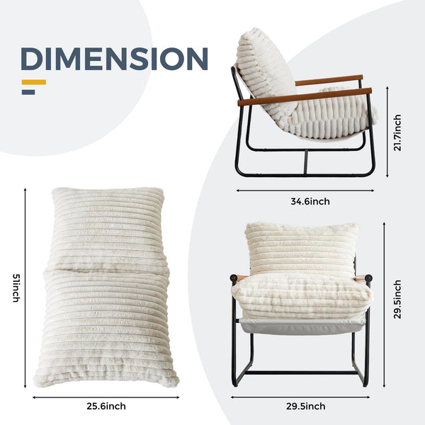 Fluffy Accent Chair with Wooden Arms & Metal Frame