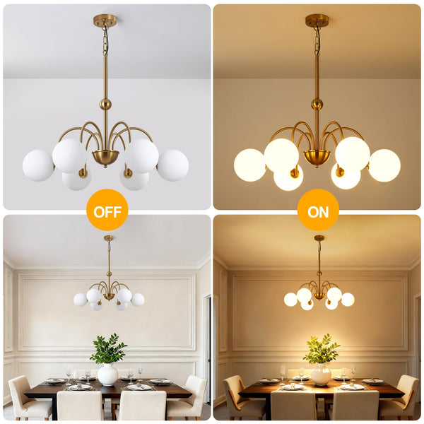 6-Light Brushed Gold Globe Chandelier with Milk Glass Shades