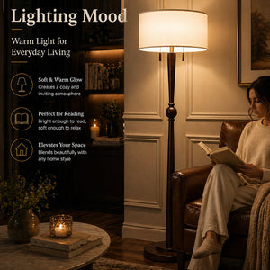 Solid Oak Wood Floor Lamp — 62.8", 2-Light Pull Chain, 17" Drum Shade, 2 LED Bulbs