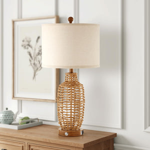 Rattan Table Lamps Set of 2 with USB Port & Dimmable Touch Control