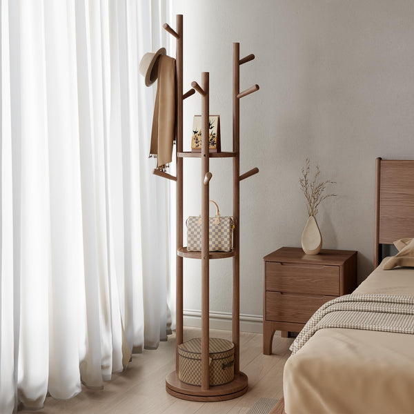 Rotating Wood Coat Rack with 3 Shelves and 9 Hooks