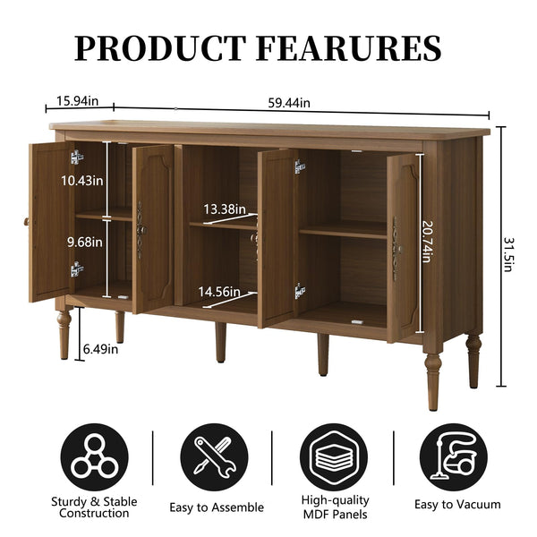 Vintage Buffet Sideboard Cabinet with 4 Doors, 59" Wide