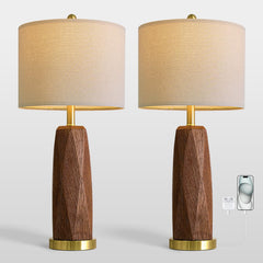 Wood Grain Resin Table Lamps Set of 2 with USB Charging Ports