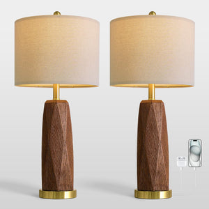 Wood Grain Resin Table Lamps Set of 2 with USB Charging Ports
