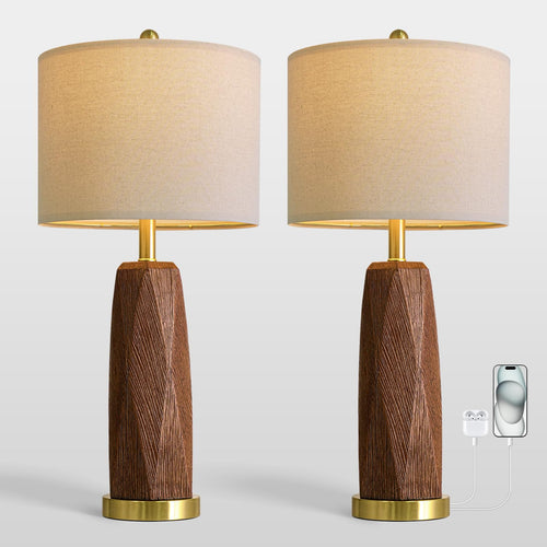 Wood Grain Resin Table Lamps Set of 2 with USB Charging Ports