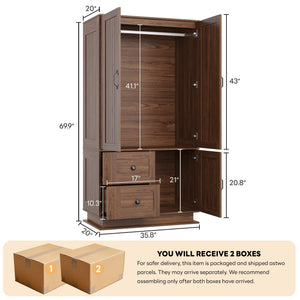 Farmhouse Wardrobe Closet with LED Lights & Hanging Rod