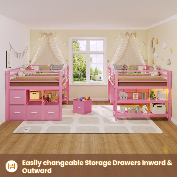 Twin Low Loft Bed with LED Lights & Storage Drawers
