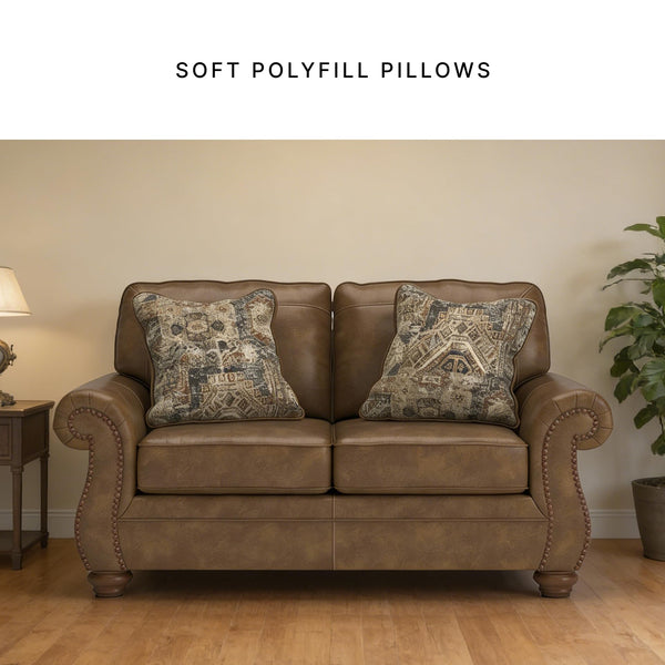 Rustic Faux Leather Loveseat with Nailhead Trim & Throw Pillows