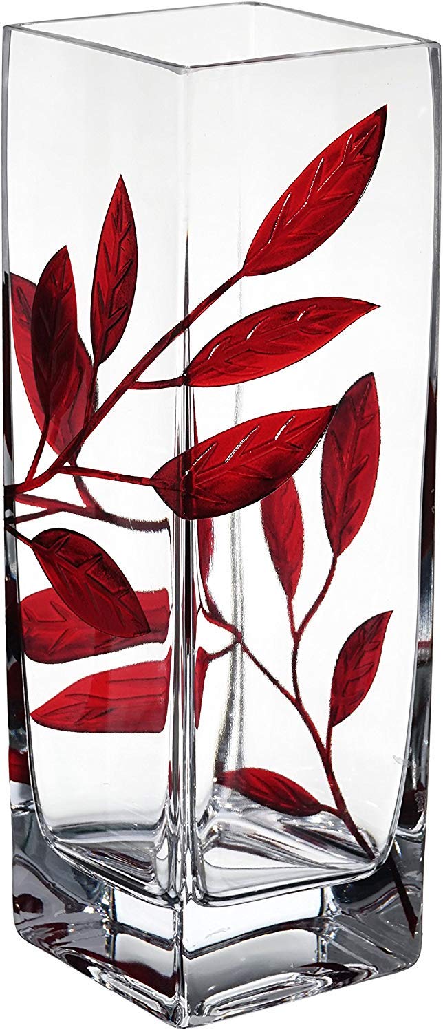Hand-Blown Glass Square Vase with Red Leaf Decoration