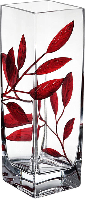 Hand-Blown Glass Square Vase with Red Leaf Decoration
