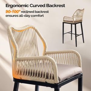 Outdoor Wicker Bar Stools Set of 2 with Cushions & Backrest