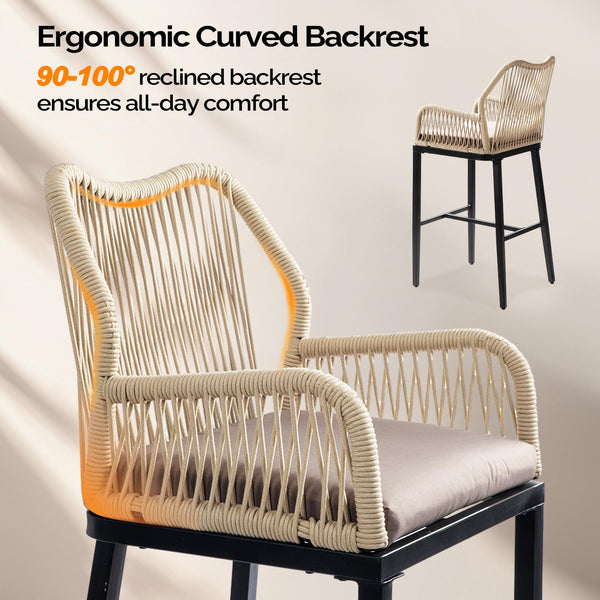 Outdoor Wicker Bar Stools Set of 2 with Cushions & Backrest