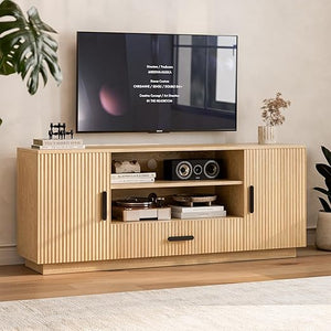 LCRBOL TV Stand for Living Room ＆ Bedroom, Mid Century Entertainment Center for Up to 70 Inch TV, Fluted TV Console with Storage Cabinets ＆ Drawer, Walnut
