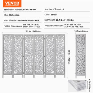 6-Panel Wood Folding Room Divider – 66.9" Tall Privacy Screen