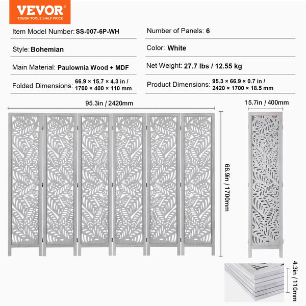 6-Panel Wood Folding Room Divider – 66.9" Tall Privacy Screen