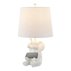Elephant Kids Table Lamp with Phone Stand – Linen Shade, LED Bulb Included