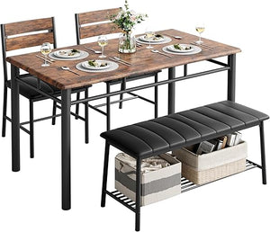4-Piece Industrial Dining Table Set with Upholstered Bench and 2 Chairs