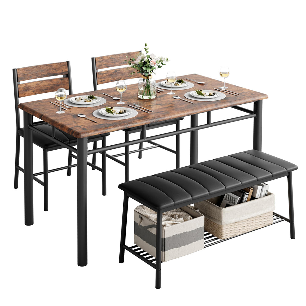 4-Piece Dining Table Set with Bench and 2 Upholstered Chairs
