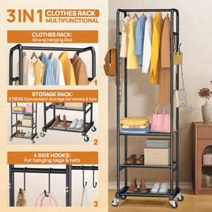Freestanding Clothes Rack with Wheels & 3 Shelves